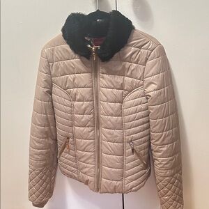 GUESS Women's Beige Quilted Puffer with Black Faux Fur Collar